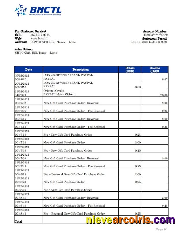 Timor Leste BNCTL bank statement xls